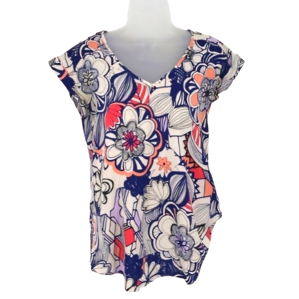 Express Blue‎ and Red Floral Print Rolled Sleeve Blouse Size XS